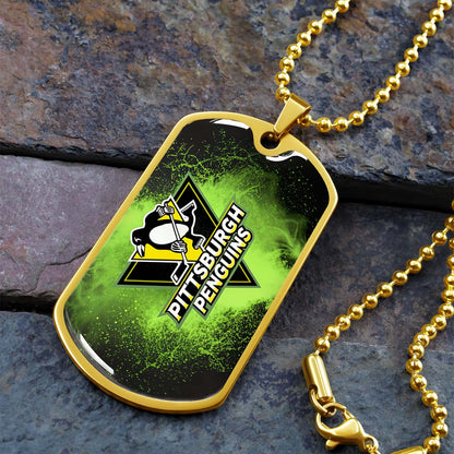 Ice Hockey - HKD011 - Pittsburgh Penguins - Neon Ice Emblem - Ice Hockey Dog Tag - Military Ball Chain - Luxury Dog Tag