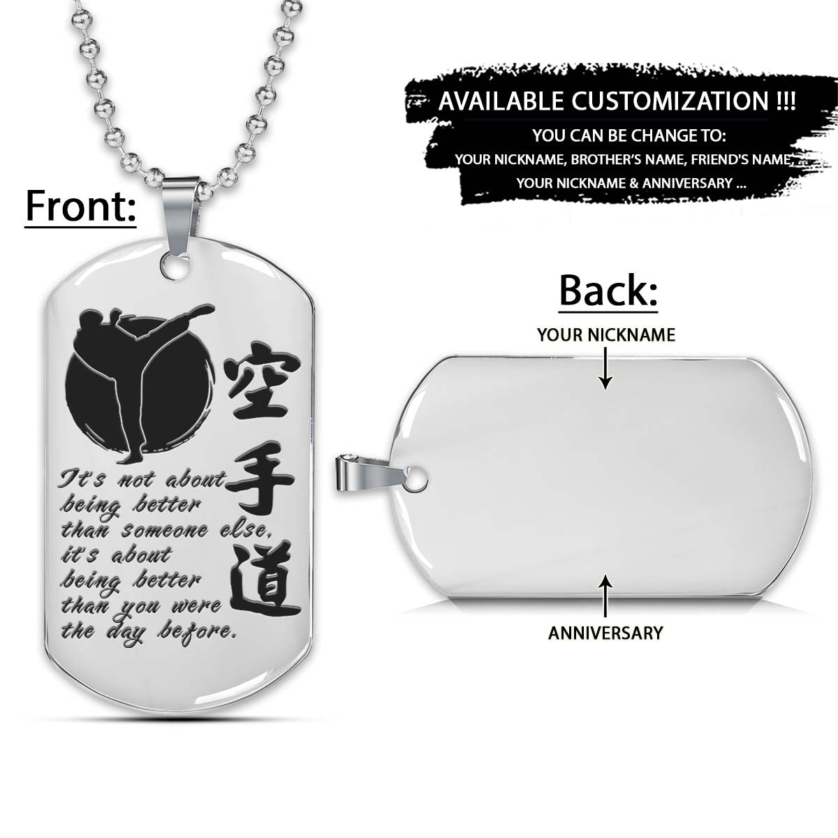Karate Dog Tag - It's About Being Better Than You Were The Day Before - Karate Necklace - Engrave Dog Tag