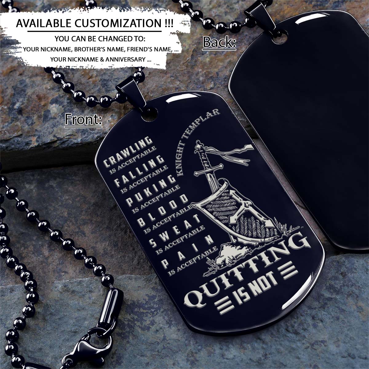 Knight Templar Dog Tag - Quitting Is Not - Crusades - Chivalry - Religious Zeal - Templar Wealth - Mysterious Legacy - Knight Templar Necklace - Engrave Dog Tag