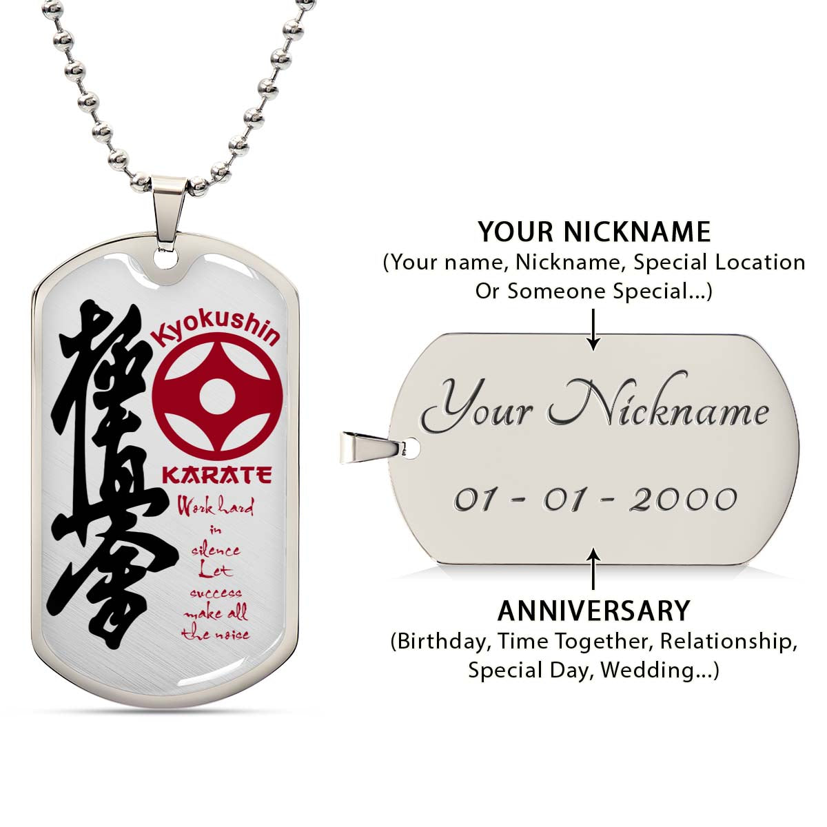 Karate - KADL004 - Work Hard In Silence Let Success Make All The Noise - Kyokushin Karate - Karate Dog Tag - Military Ball Chain - Luxury Dog Tag