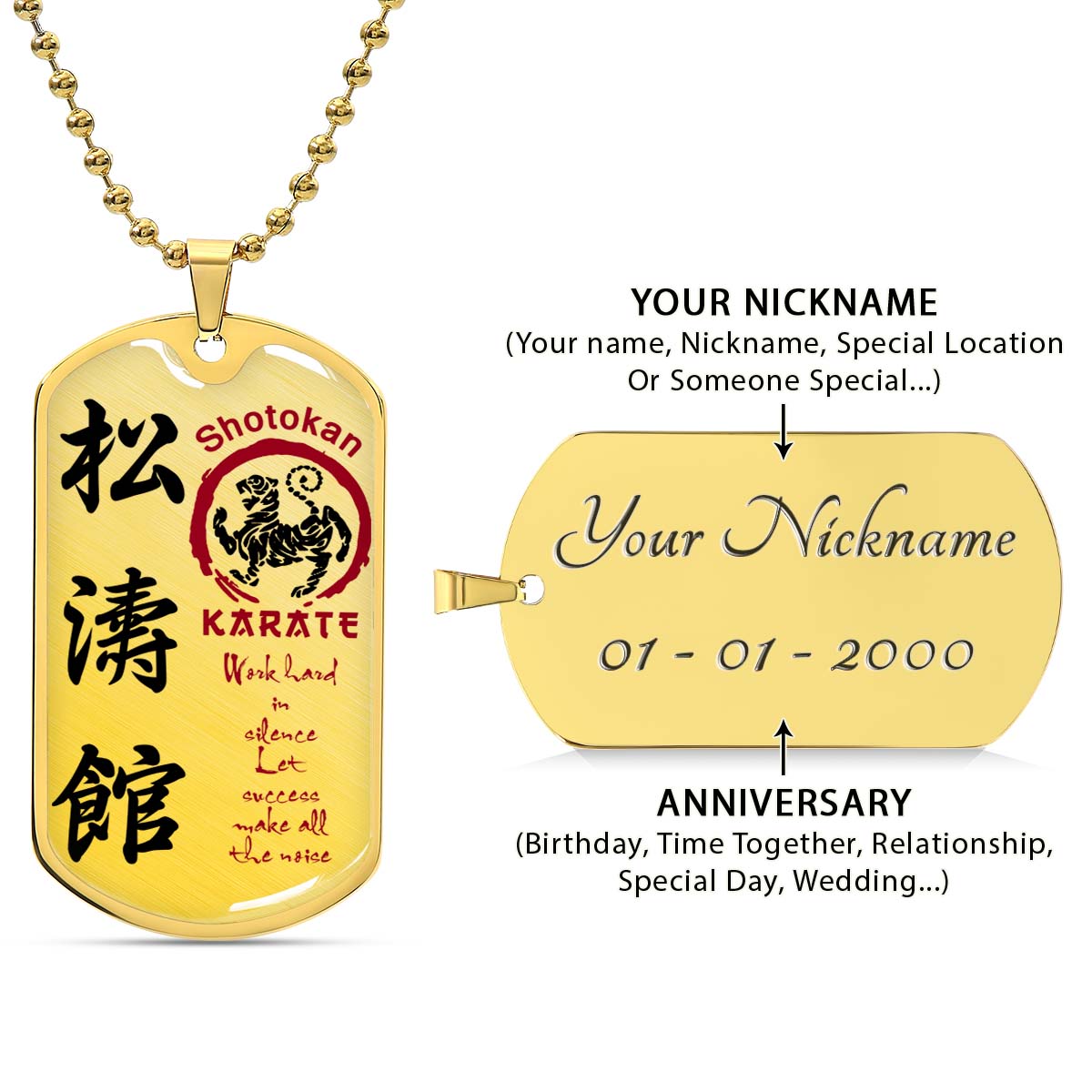 Karate - KADL005 - Work Hard In Silence Let Success Make All The Noise - Shotokan Karate - Karate Dog Tag - Military Ball Chain - Luxury Dog Tag