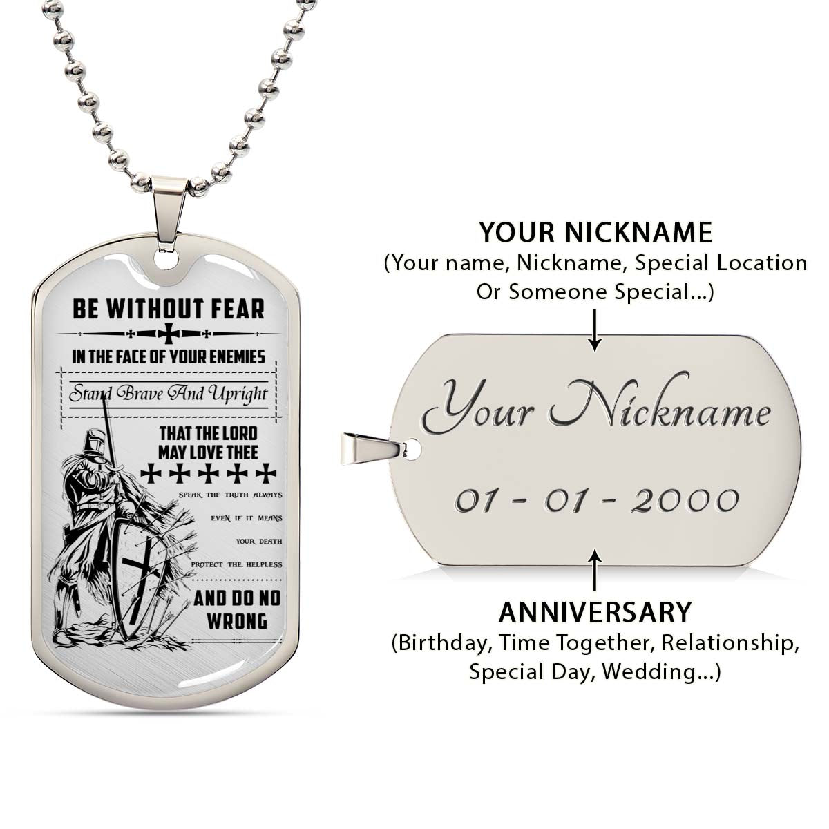 Knight Templar - KTDL001 - Be Without Fear - Crusades - Chivalry - Religious Zeal - Templar Wealth - Mysterious Legacy - Knight Templar Dog Tag - Military Ball Chain - Luxury Dog Tag