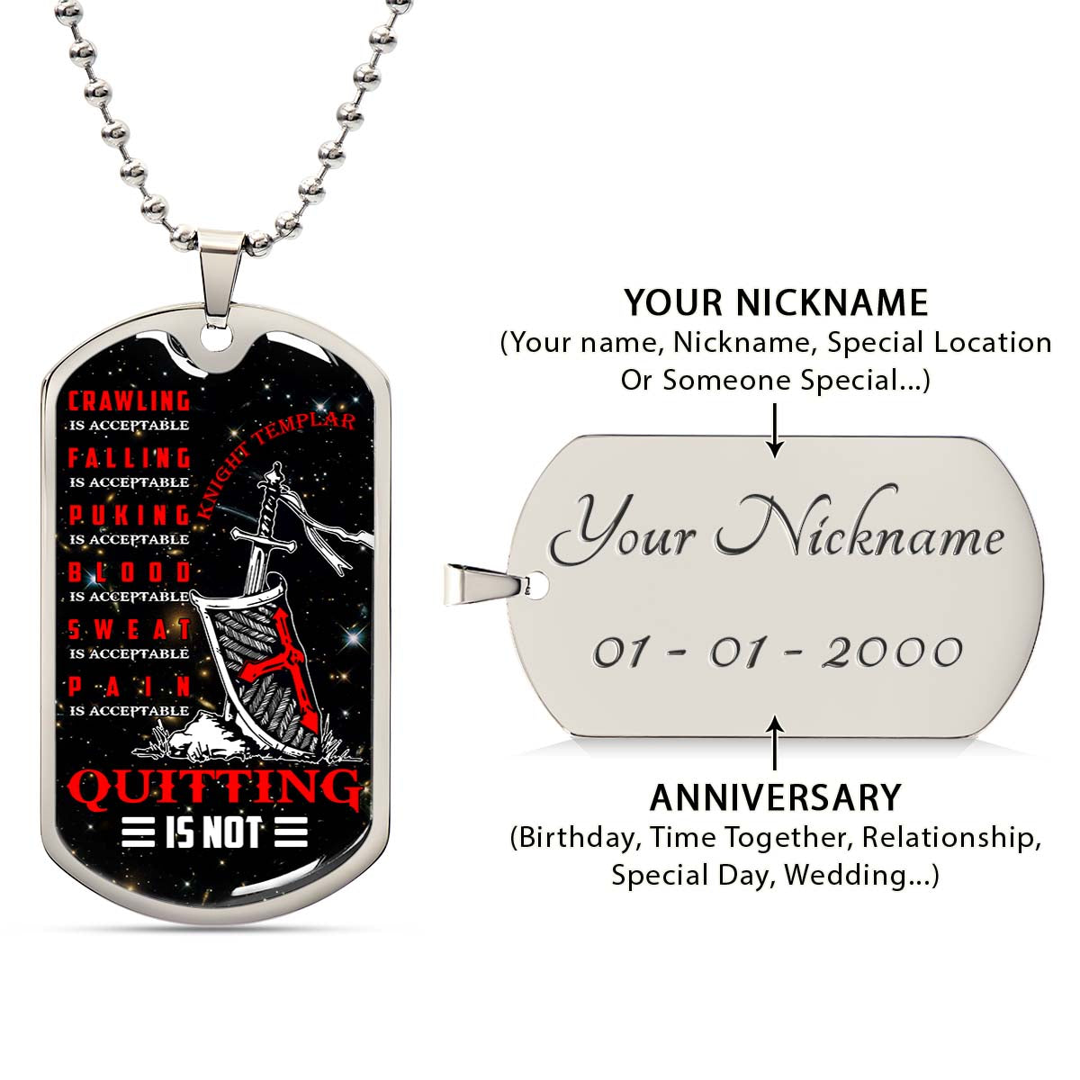 Knight Templar - KTDL004 - Quitting Is Not - Crusades - Chivalry - Religious Zeal - Templar Wealth - Mysterious Legacy - Knight Templar Dog Tag - Military Ball Chain - Luxury Dog Tag