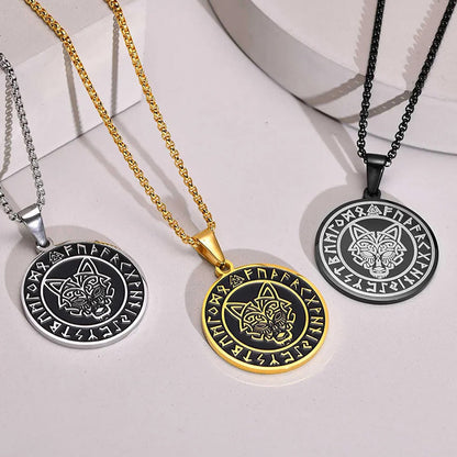 Viking - Men Viking Wolf Necklace, Stainless Steel Viking Compass Rune Almut Animal Pendant with Box Chain, Punk Rock Boy Collar