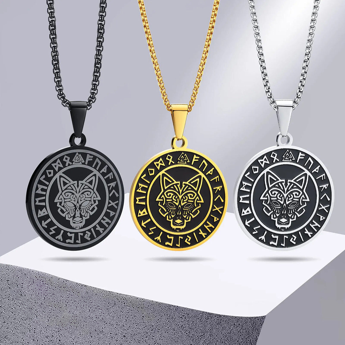 Viking - Men Viking Wolf Necklace, Stainless Steel Viking Compass Rune Almut Animal Pendant with Box Chain, Punk Rock Boy Collar