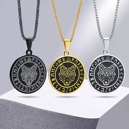 Viking - Men Viking Wolf Necklace, Stainless Steel Viking Compass Rune Almut Animal Pendant with Box Chain, Punk Rock Boy Collar