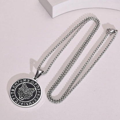 Viking - Men Viking Wolf Necklace, Stainless Steel Viking Compass Rune Almut Animal Pendant with Box Chain, Punk Rock Boy Collar