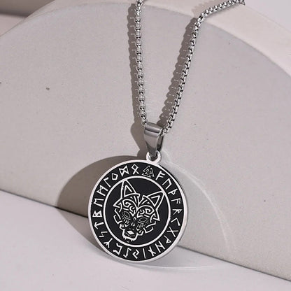 Viking - Men Viking Wolf Necklace, Stainless Steel Viking Compass Rune Almut Animal Pendant with Box Chain, Punk Rock Boy Collar