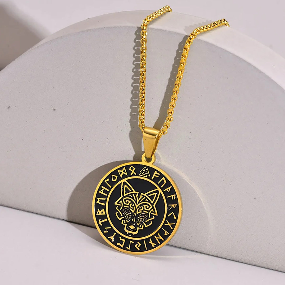 Viking - Men Viking Wolf Necklace, Stainless Steel Viking Compass Rune Almut Animal Pendant with Box Chain, Punk Rock Boy Collar