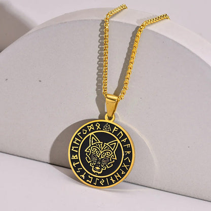 Viking - Men Viking Wolf Necklace, Stainless Steel Viking Compass Rune Almut Animal Pendant with Box Chain, Punk Rock Boy Collar