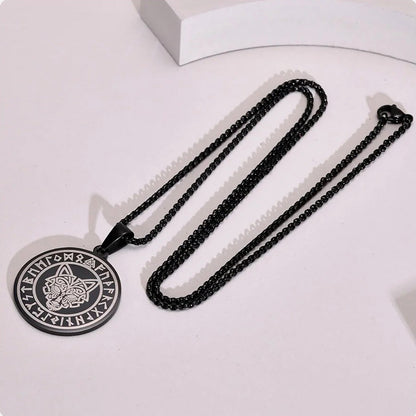 Viking - Men Viking Wolf Necklace, Stainless Steel Viking Compass Rune Almut Animal Pendant with Box Chain, Punk Rock Boy Collar