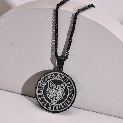 Viking - Men Viking Wolf Necklace, Stainless Steel Viking Compass Rune Almut Animal Pendant with Box Chain, Punk Rock Boy Collar