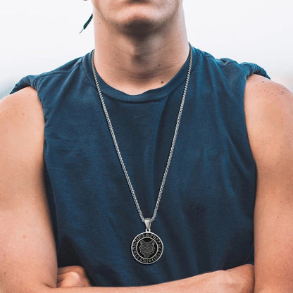 Viking - Men Viking Wolf Necklace, Stainless Steel Viking Compass Rune Almut Animal Pendant with Box Chain, Punk Rock Boy Collar