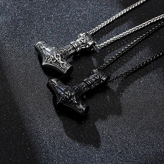 Viking - Men's Vintage Retro Norse Viking Necklaces, Rock Punk Thor Mjolnir Hammer Pendant,Scandinavian Nodic Amulet Rune Jewelry