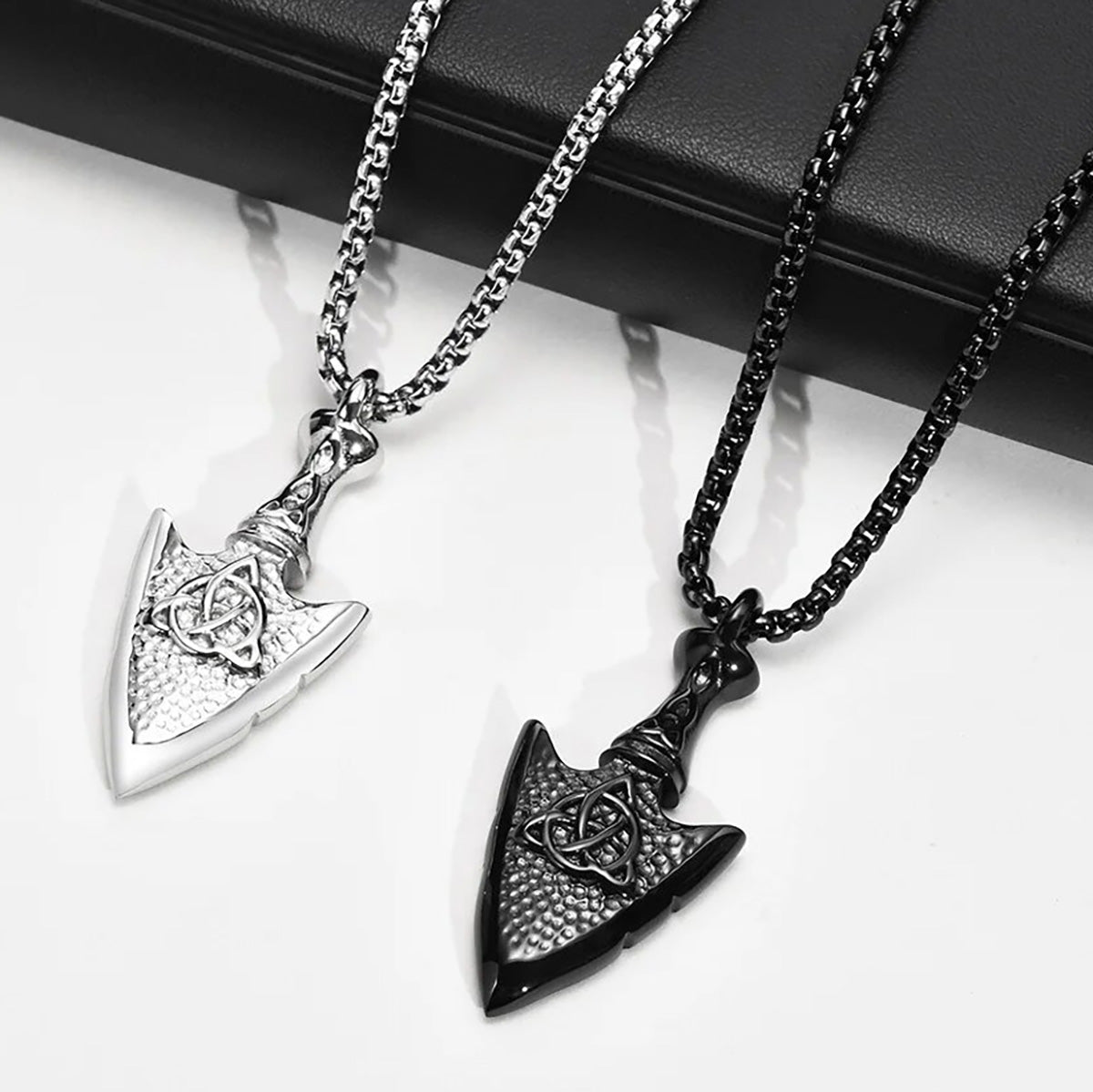 Viking - Mens Hammered Arrow Necklaces, Nordic Viking Celtic Knot Pendant with Box Chain, Protection Amulet Jewelry