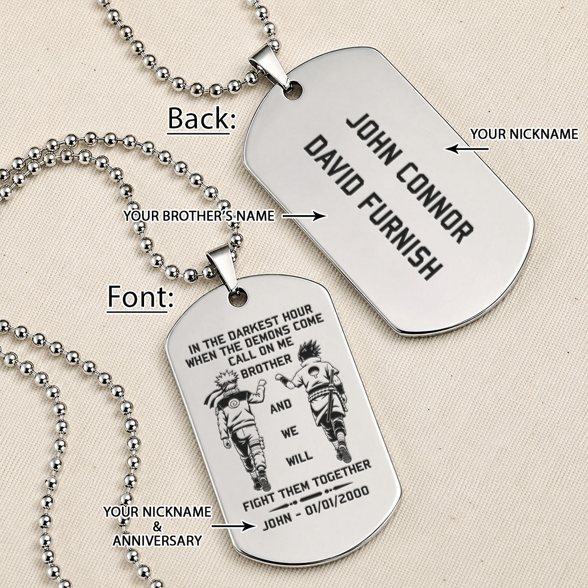 Naruto Engraved Dog Tag Necklace - NAD001 -  Naruto Uzumaki - Sasuke Uchiha - Call On Me Brother