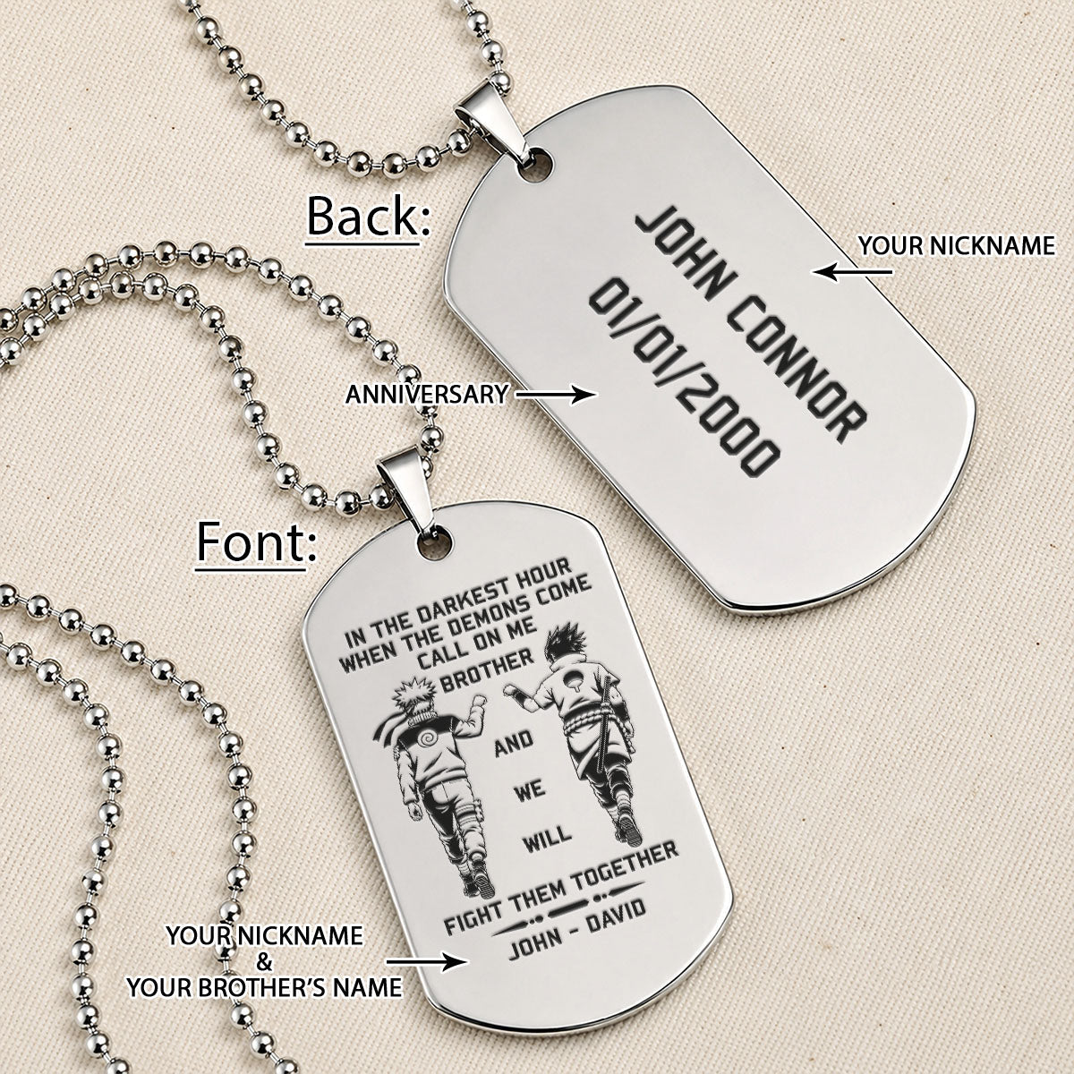 Naruto Engraved Dog Tag Necklace - NAD003 -  Naruto Uzumaki - Sasuke Uchiha - Call On Me Brother