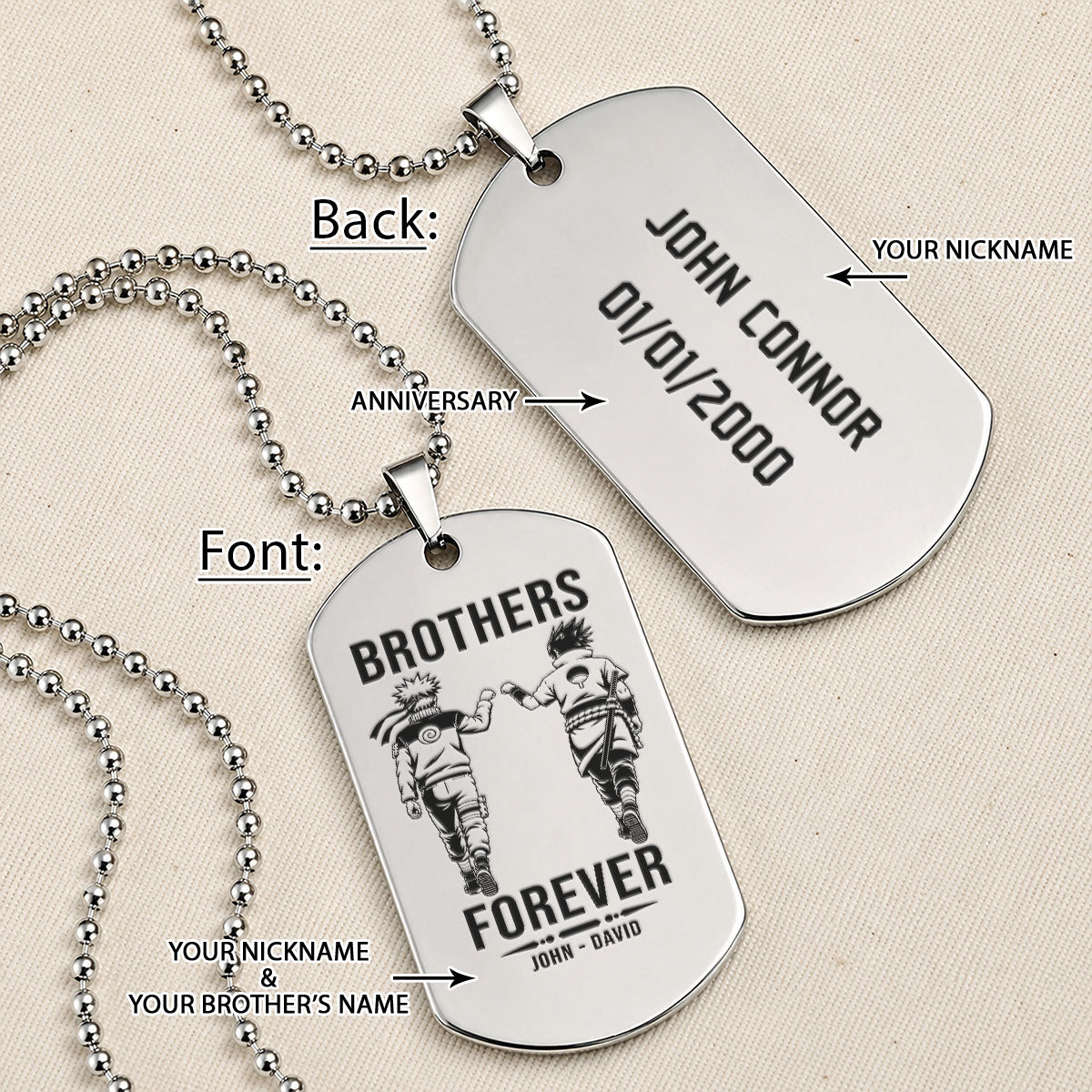 Naruto Engraved Dog Tag Necklace - NAD009 - Naruto Uzumaki - Sasuke Uchiha - Brothers Forever