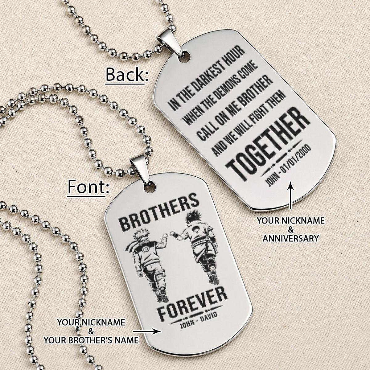 Naruto Engraved Dog Tag Necklace - NAD015 - Naruto Uzumaki - Sasuke Uchiha - Brothers Forever