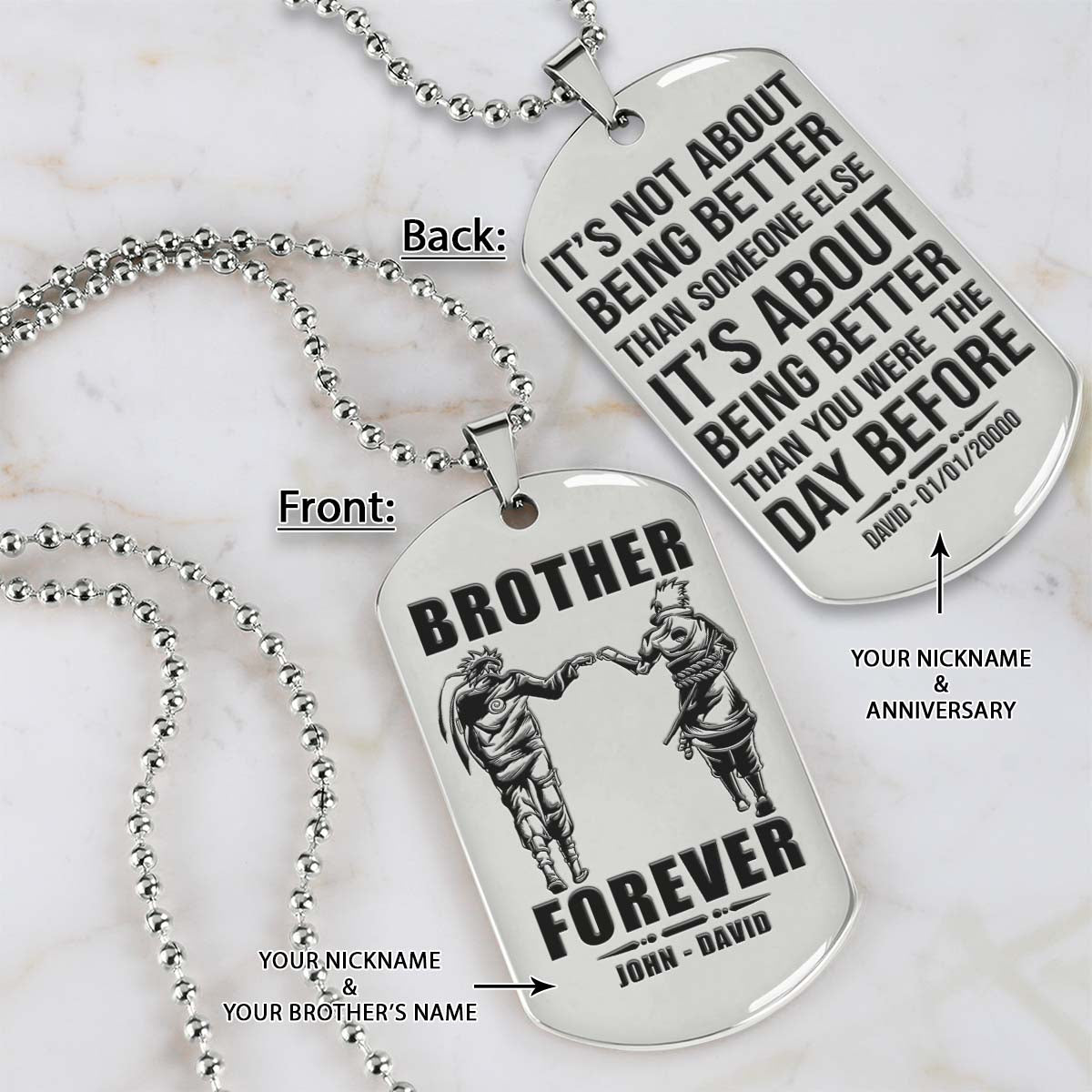 Naruto Dog Tag - Brother Forever - It's About Being Better Than You Were The Day Before - Uzumaki Naruto - Uchiha Sasuke - Naruto Necklace - Engrave Dog Tag