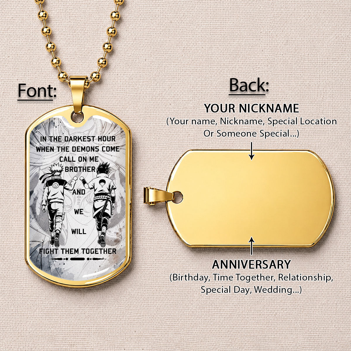 Naruto Dog Tag Necklace - NADL001 - Naruto Uzumaki - Sasuke Uchiha - Call On Me Brother - Military Ball Chain