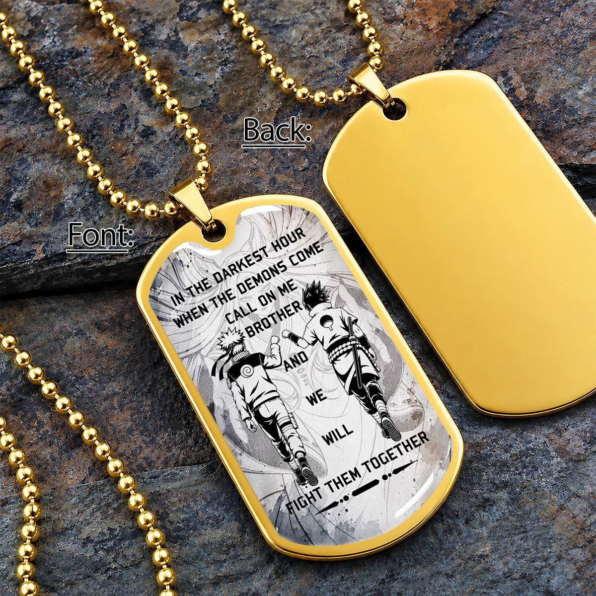 Naruto Dog Tag Necklace - NADL001 - Naruto Uzumaki - Sasuke Uchiha - Call On Me Brother - Military Ball Chain