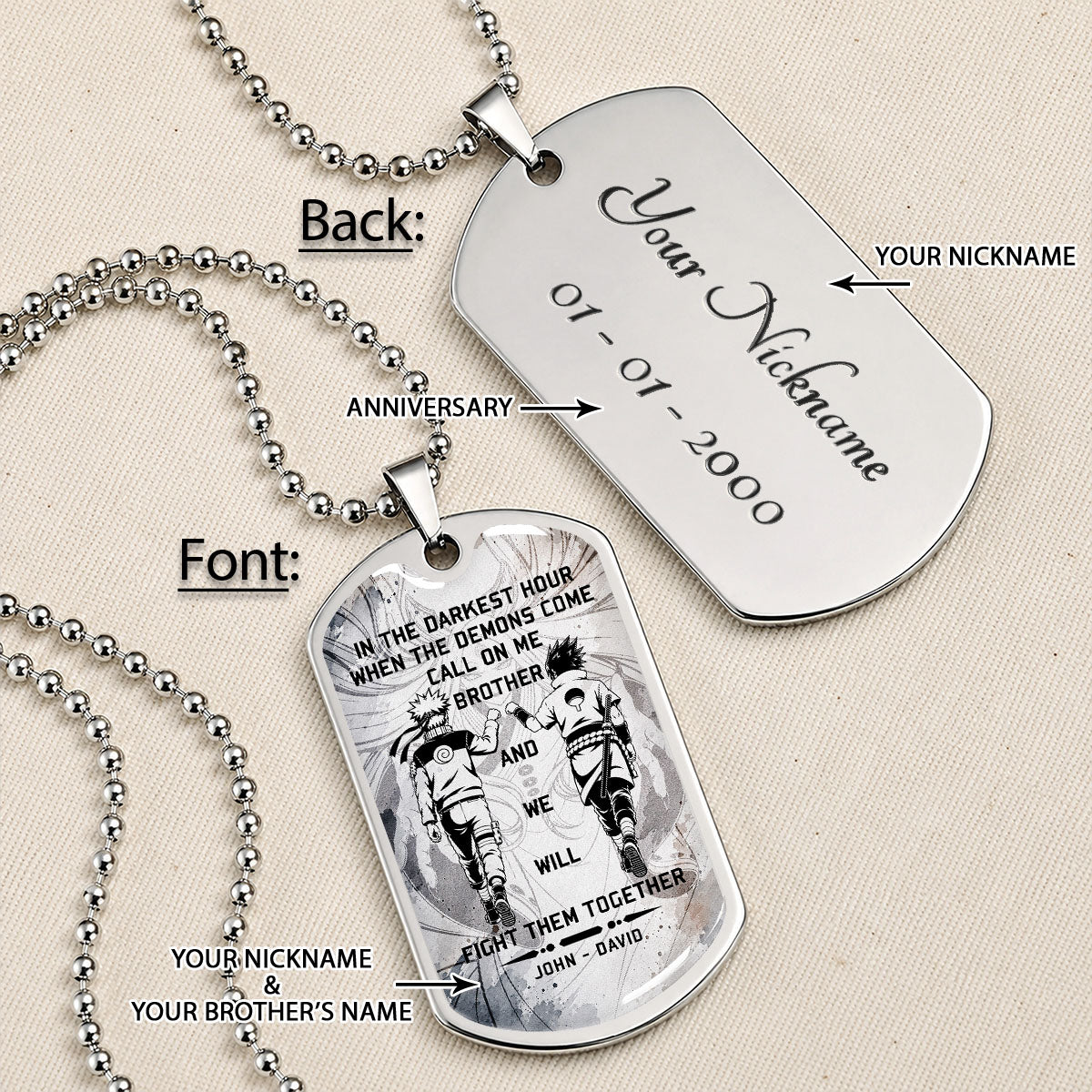 Naruto Dog Tag Necklace - NADL001 - Naruto Uzumaki - Sasuke Uchiha - Call On Me Brother - Military Ball Chain