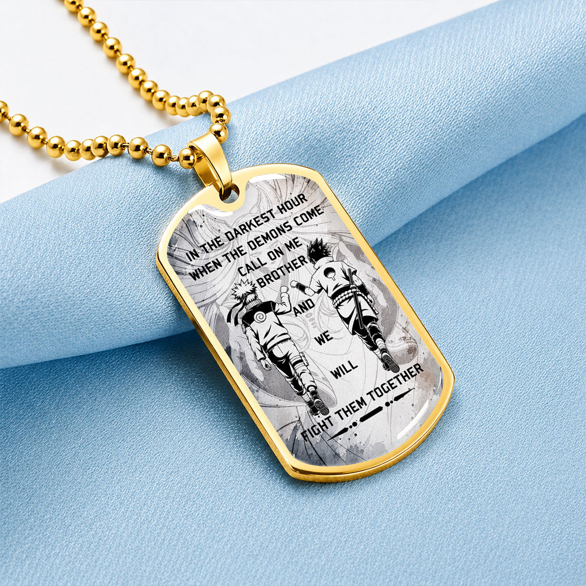 Naruto Dog Tag Necklace - NADL001 - Naruto Uzumaki - Sasuke Uchiha - Call On Me Brother - Military Ball Chain