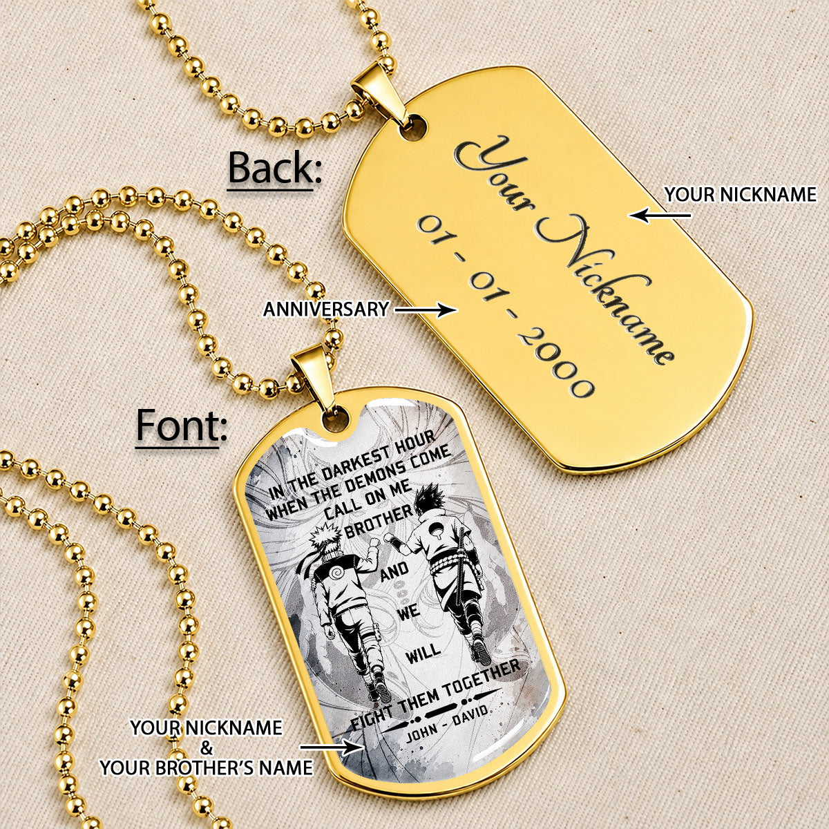 Naruto Dog Tag Necklace - NADL001 - Naruto Uzumaki - Sasuke Uchiha - Call On Me Brother - Military Ball Chain