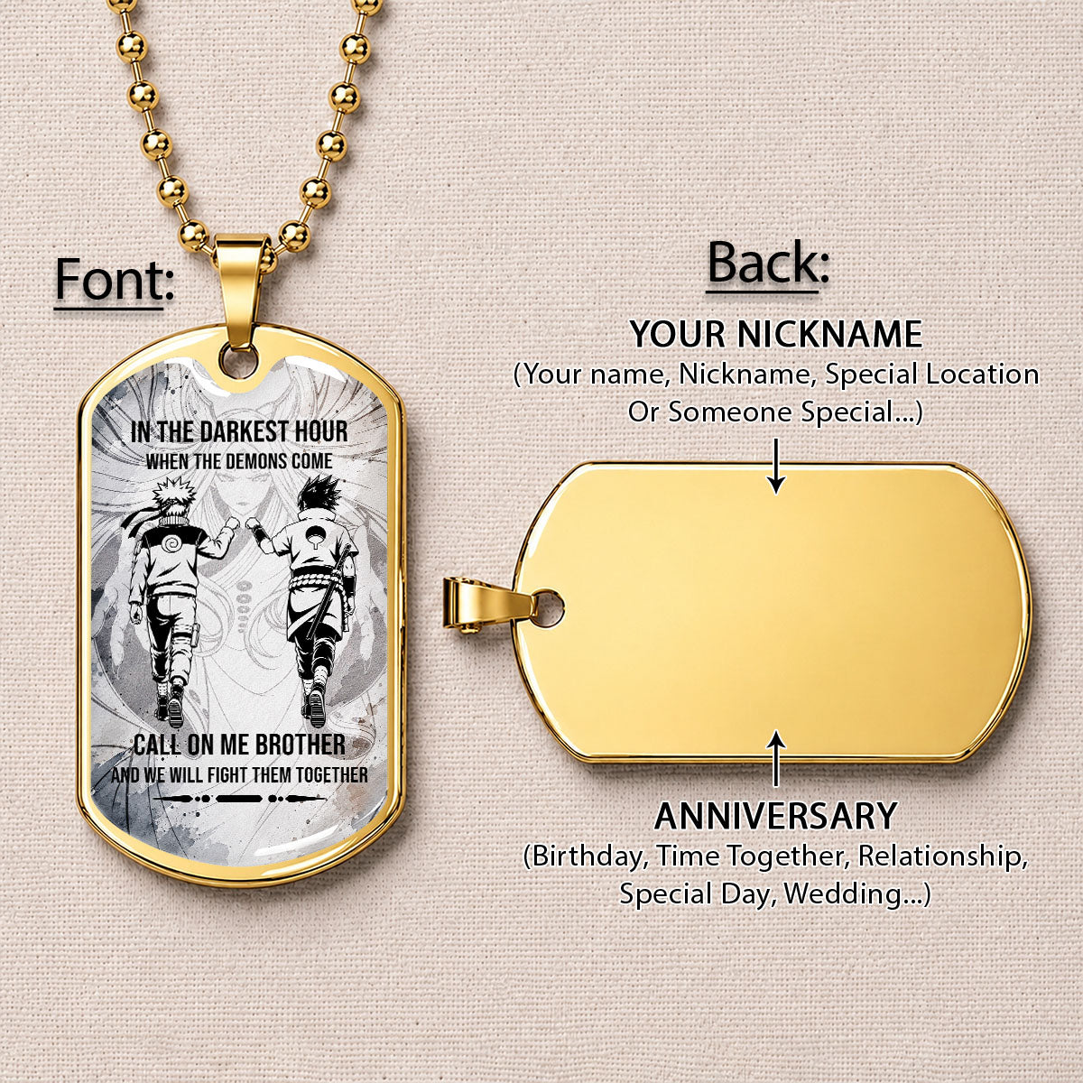 Naruto Dog Tag Necklace - NADL002 - Naruto Uzumaki - Sasuke Uchiha - Call On Me Brother - Military Ball Chain