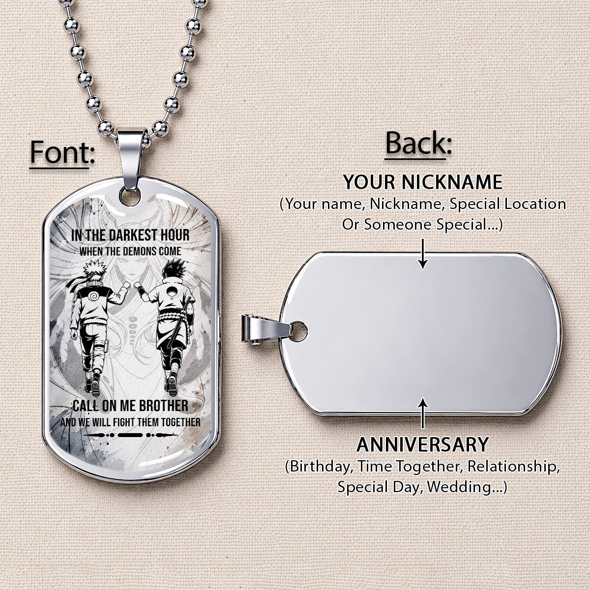 Naruto Dog Tag Necklace - NADL002 - Naruto Uzumaki - Sasuke Uchiha - Call On Me Brother - Military Ball Chain