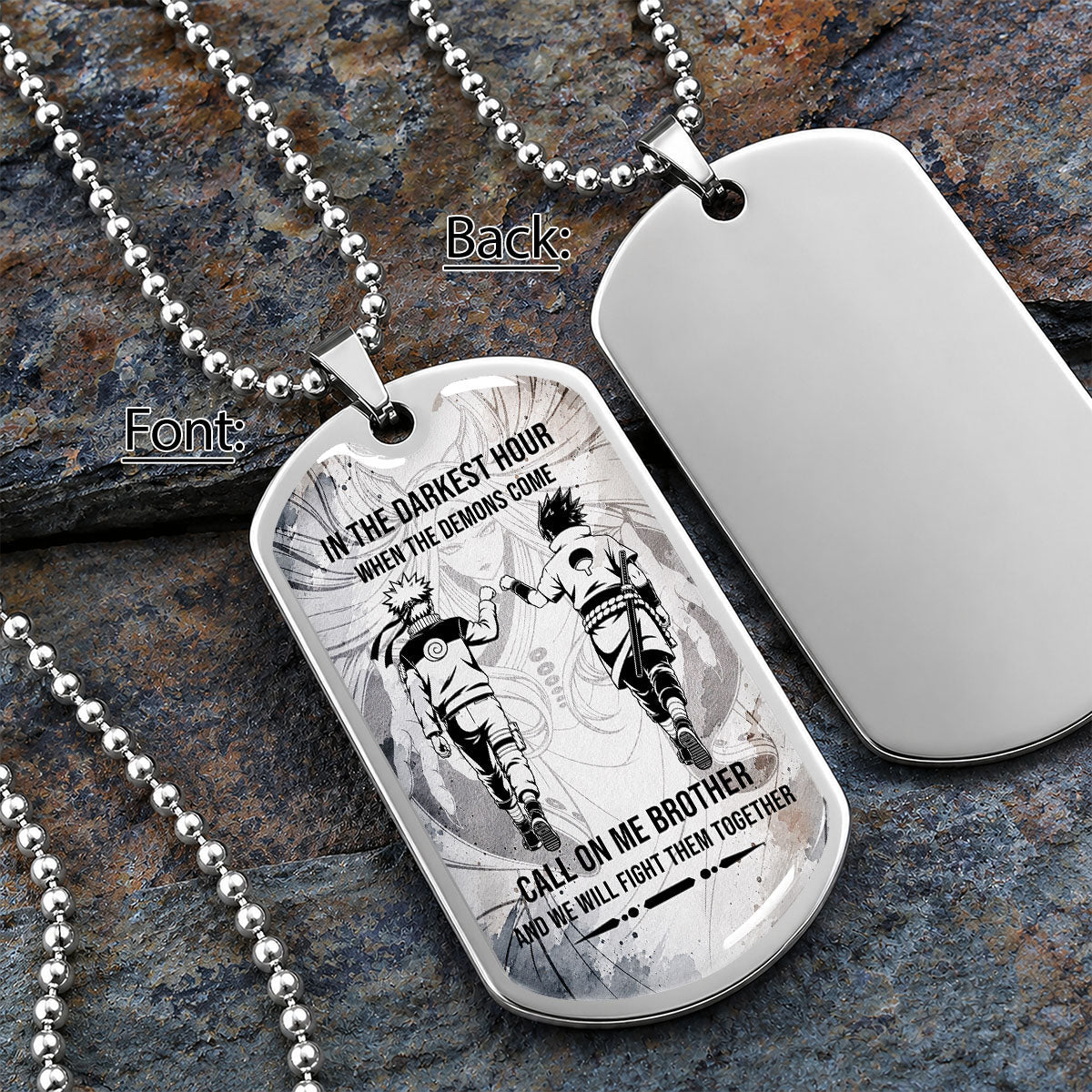 Naruto Dog Tag Necklace - NADL002 - Naruto Uzumaki - Sasuke Uchiha - Call On Me Brother - Military Ball Chain