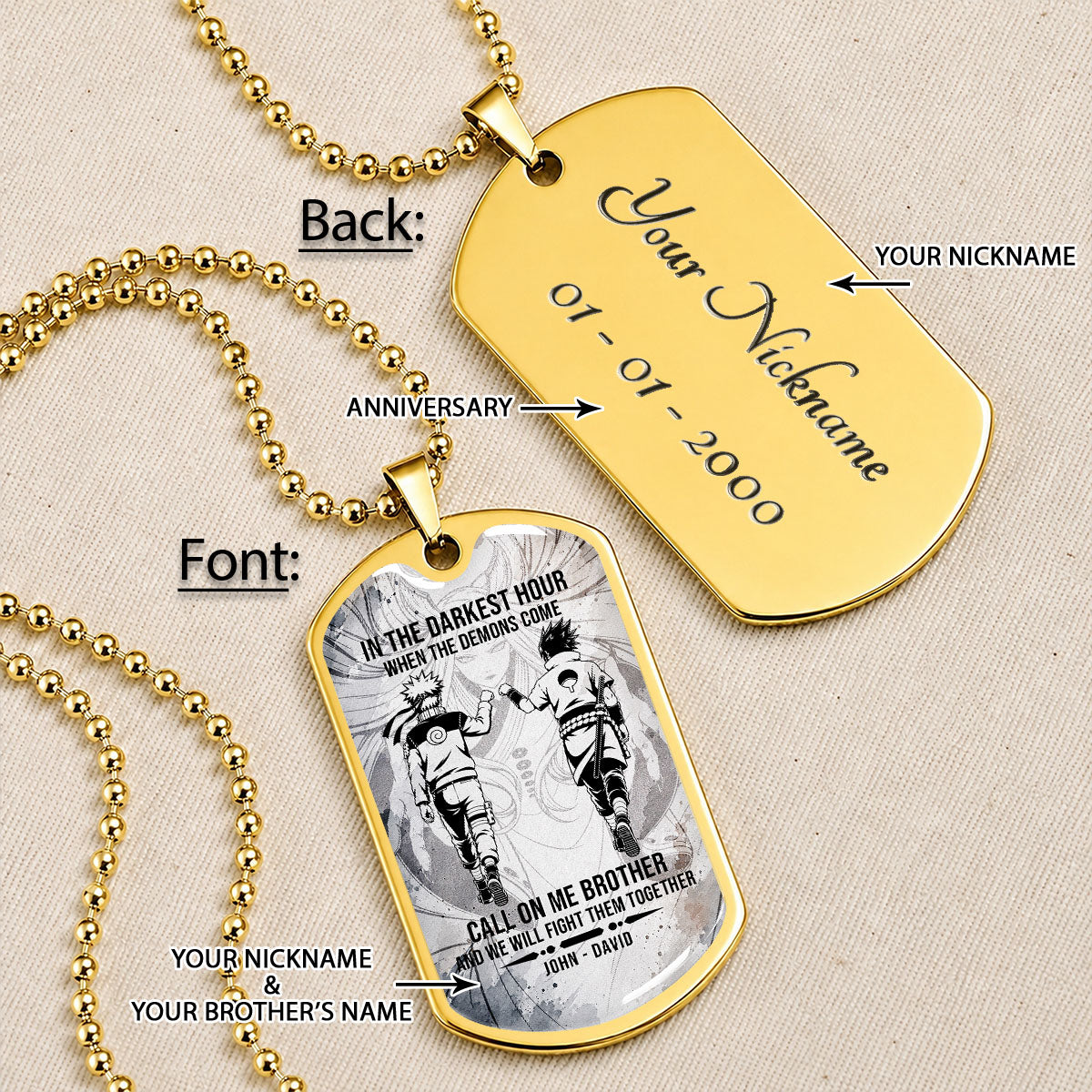 Naruto Dog Tag Necklace - NADL002 - Naruto Uzumaki - Sasuke Uchiha - Call On Me Brother - Military Ball Chain