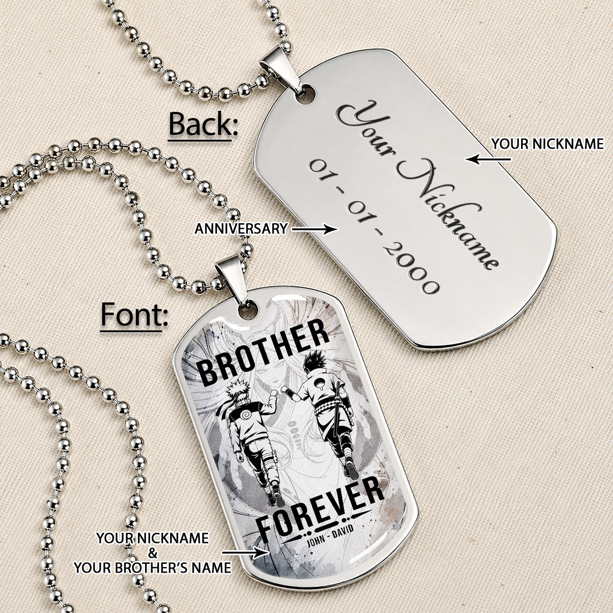Naruto Dog Tag Necklace - NADL003 - Naruto Uzumaki - Sasuke Uchiha - Brother Forever - Military Ball Chain