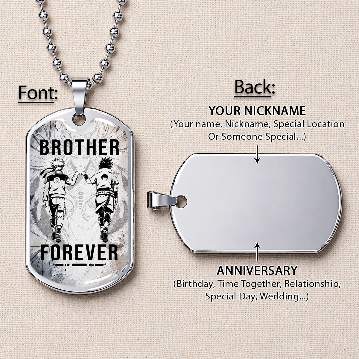 Naruto Dog Tag Necklace - NADL003 - Naruto Uzumaki - Sasuke Uchiha - Brother Forever - Military Ball Chain