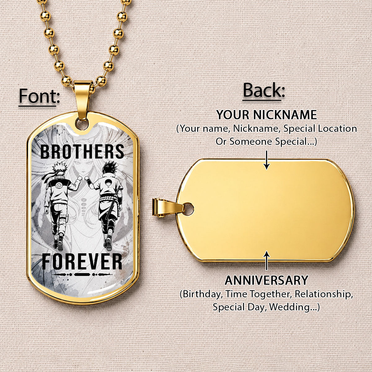 Naruto Dog Tag Necklace - NADL004 - Naruto Uzumaki - Sasuke Uchiha - Brothers Forever - Military Ball Chain