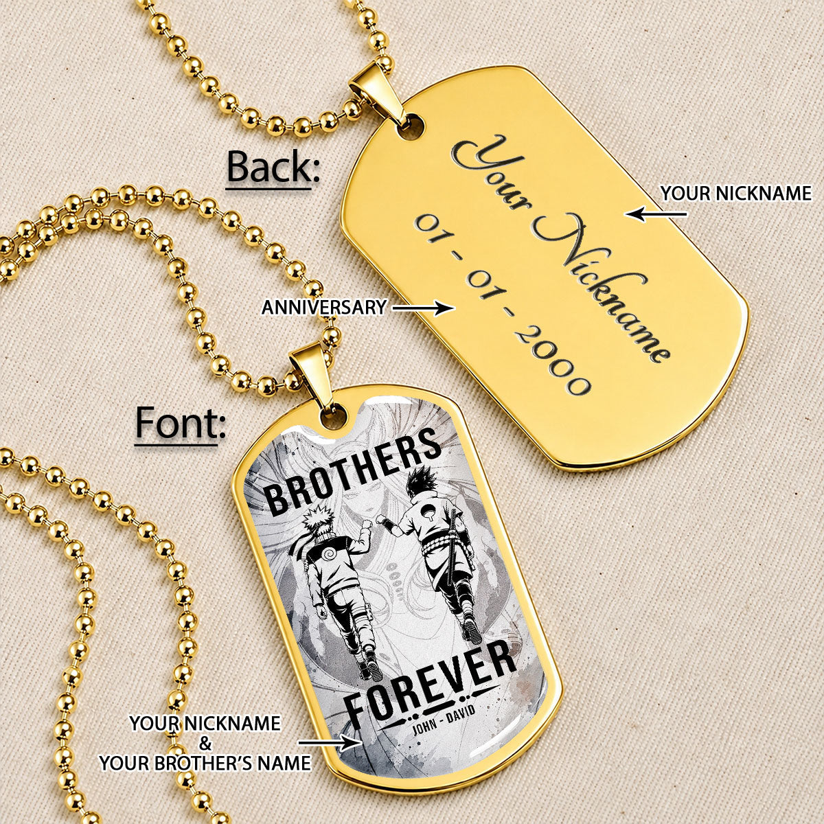 Naruto Dog Tag Necklace - NADL004 - Naruto Uzumaki - Sasuke Uchiha - Brothers Forever - Military Ball Chain