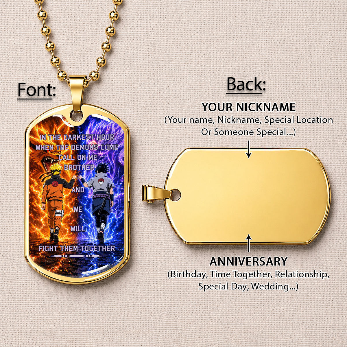 Naruto Dog Tag Necklace - NADL005 - Naruto Uzumaki - Sasuke Uchiha - Call On Me Brother - Military Ball Chain