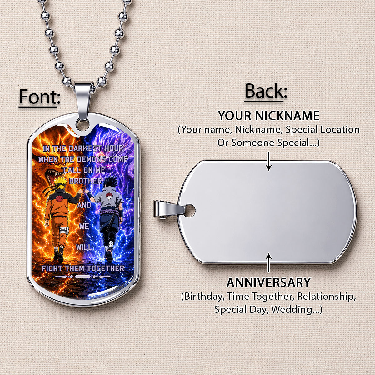 Naruto Dog Tag Necklace - NADL005 - Naruto Uzumaki - Sasuke Uchiha - Call On Me Brother - Military Ball Chain