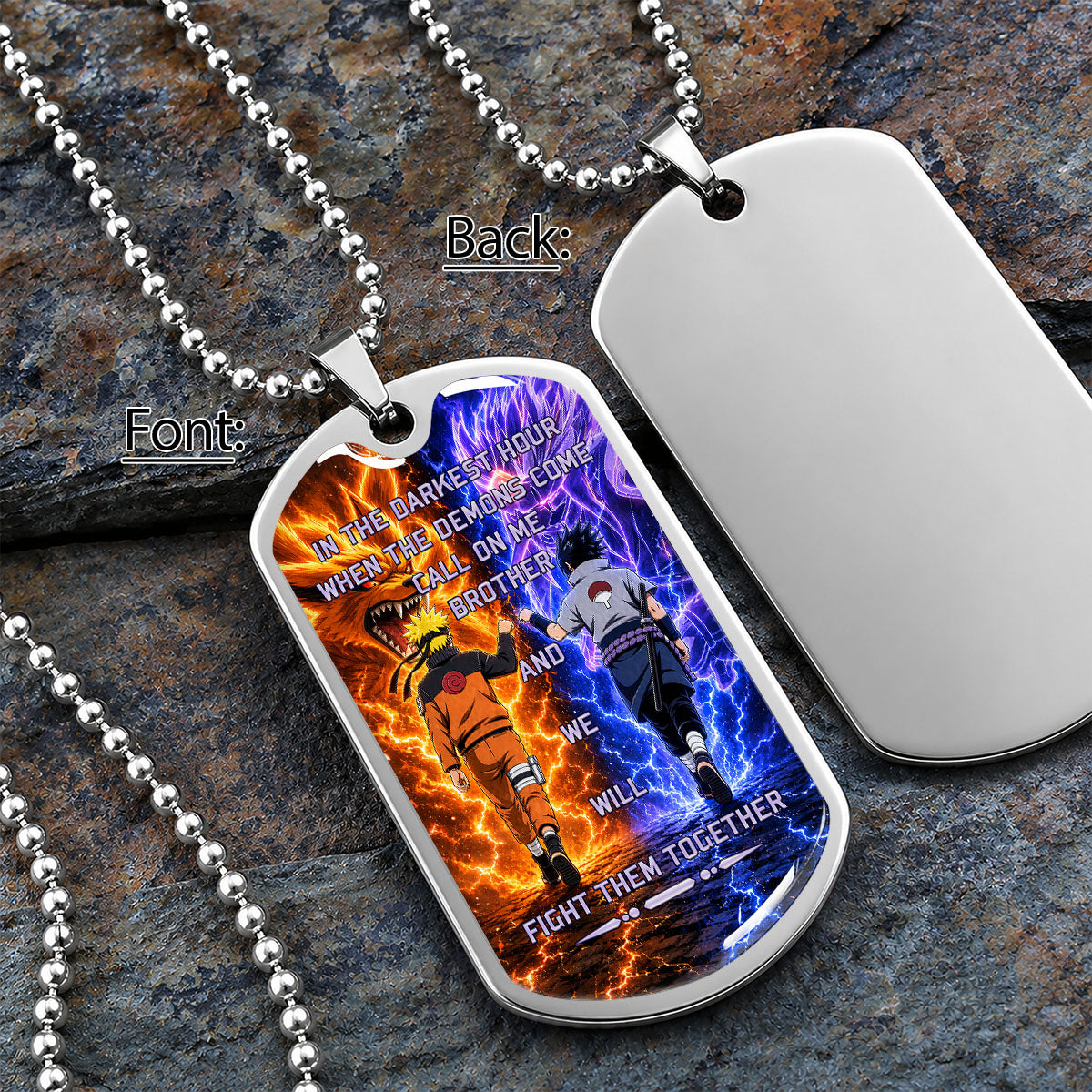Naruto Dog Tag Necklace - NADL005 - Naruto Uzumaki - Sasuke Uchiha - Call On Me Brother - Military Ball Chain