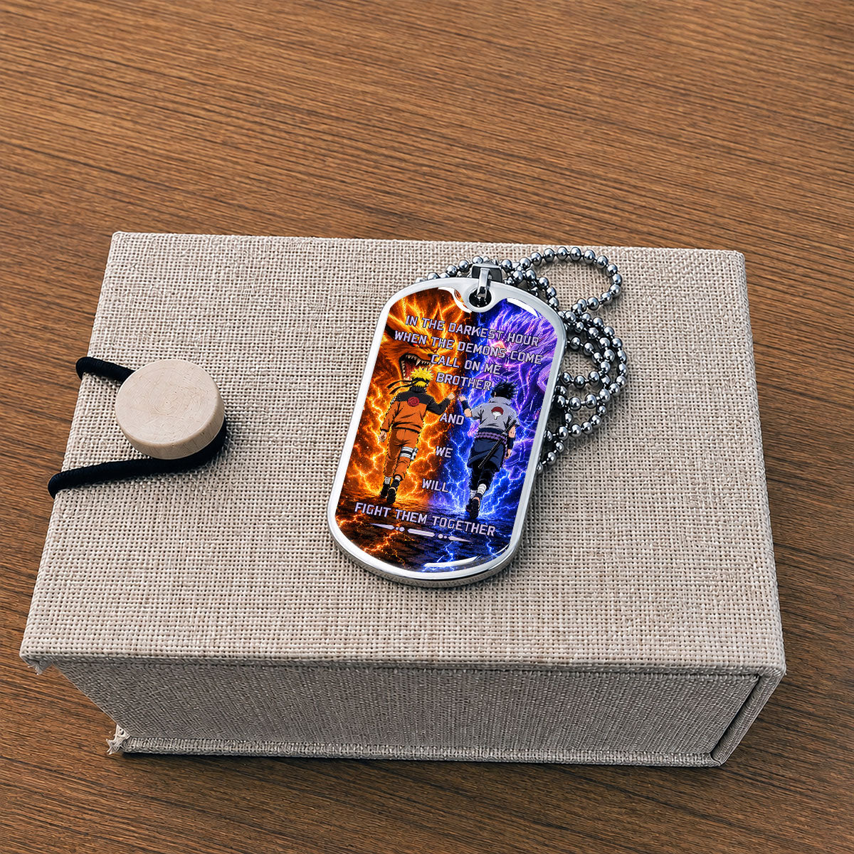Naruto Dog Tag Necklace - NADL005 - Naruto Uzumaki - Sasuke Uchiha - Call On Me Brother - Military Ball Chain