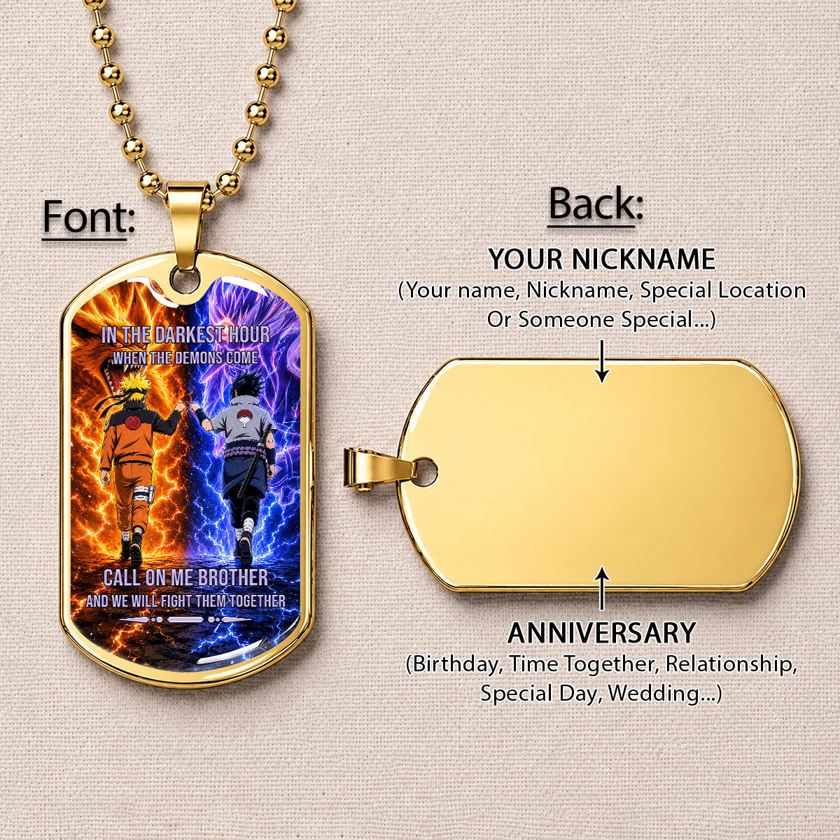 Naruto Dog Tag Necklace - NADL006 - Naruto Uzumaki - Sasuke Uchiha - Call On Me Brother - Military Ball Chain