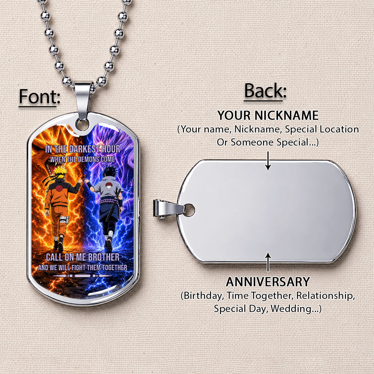 Naruto Dog Tag Necklace - NADL006 - Naruto Uzumaki - Sasuke Uchiha - Call On Me Brother - Military Ball Chain