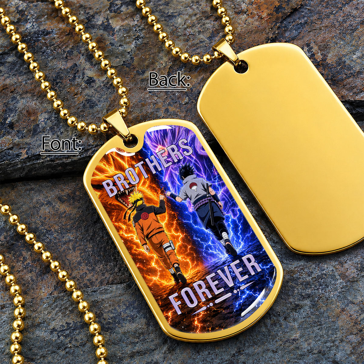 Naruto Dog Tag Necklace - NADL008 - Naruto Uzumaki - Sasuke Uchiha - Brothers Forever - Military Ball Chain