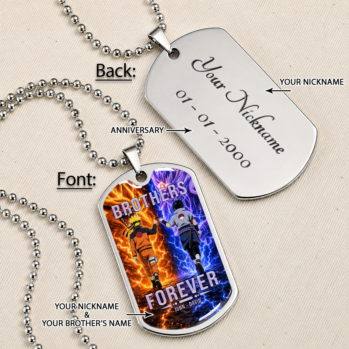 Naruto Dog Tag Necklace - NADL008 - Naruto Uzumaki - Sasuke Uchiha - Brothers Forever - Military Ball Chain