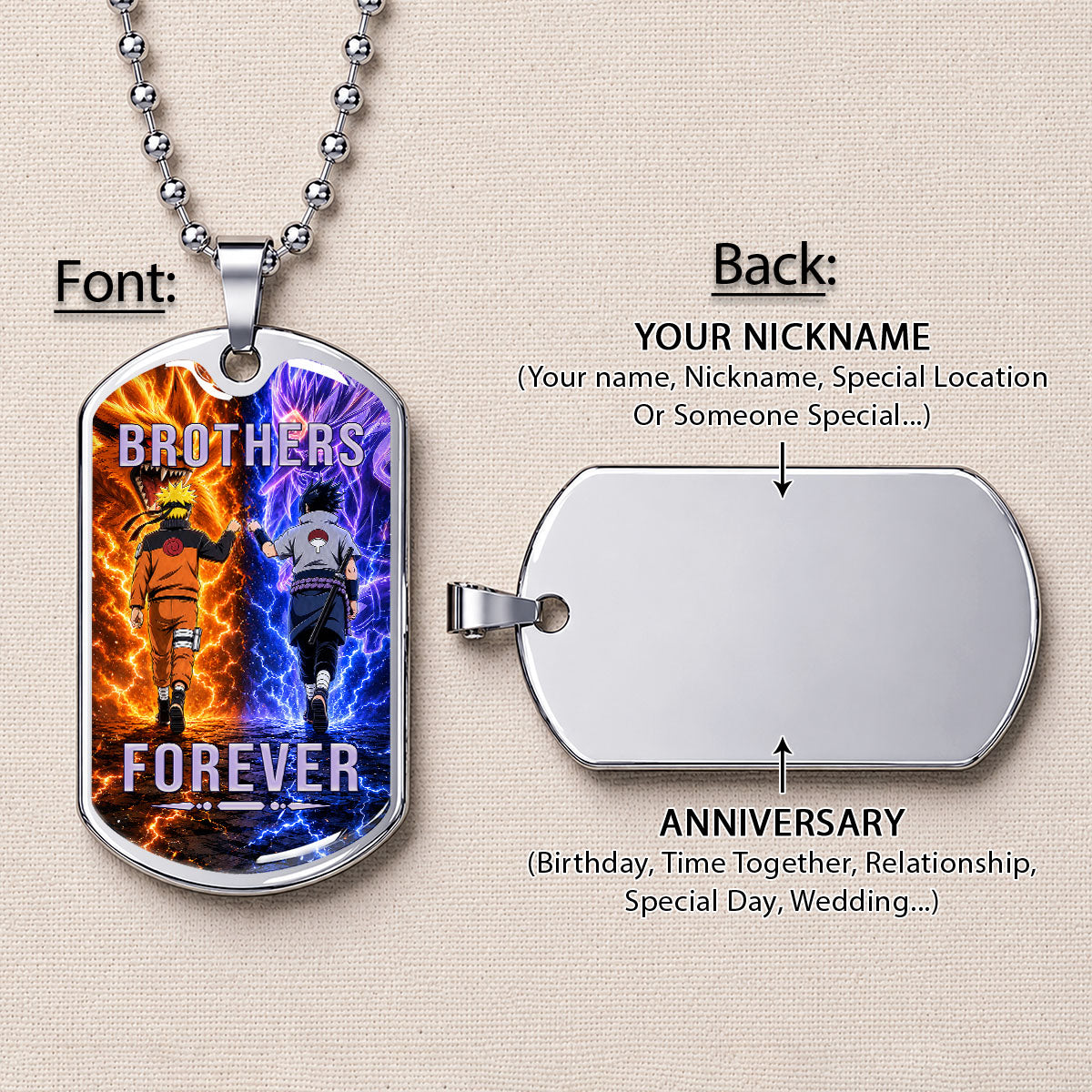 Naruto Dog Tag Necklace - NADL008 - Naruto Uzumaki - Sasuke Uchiha - Brothers Forever - Military Ball Chain