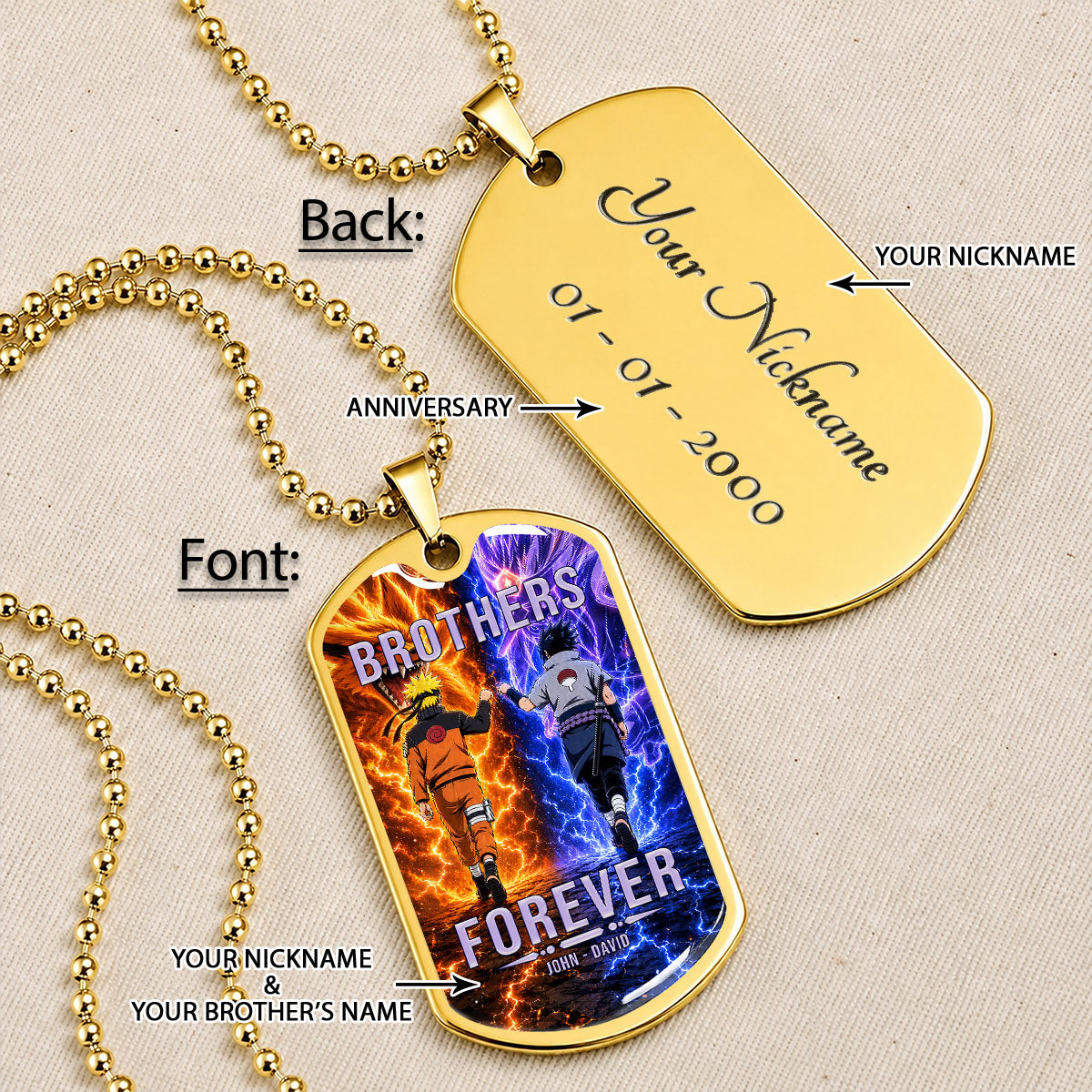Naruto Dog Tag Necklace - NADL008 - Naruto Uzumaki - Sasuke Uchiha - Brothers Forever - Military Ball Chain