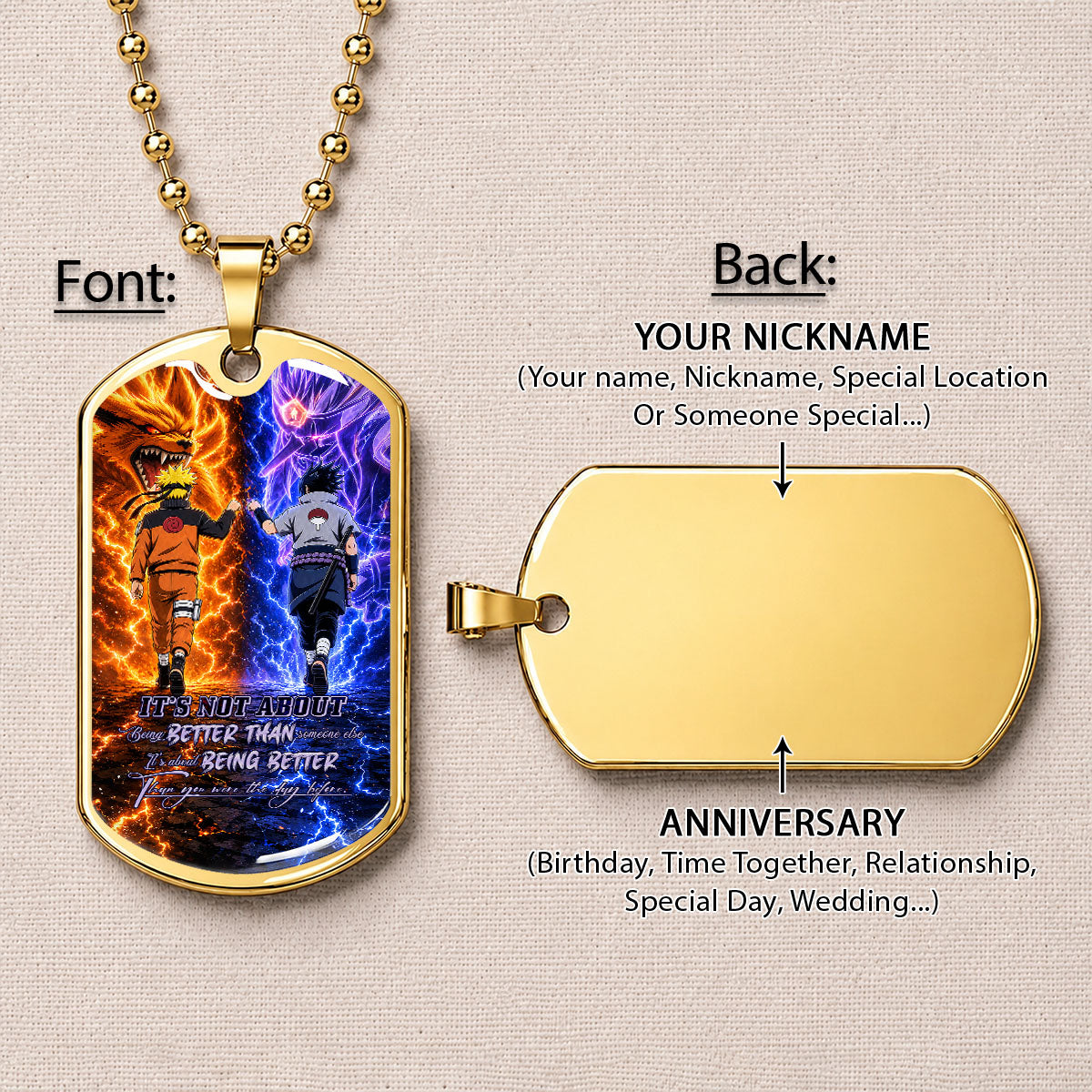 Naruto Dog Tag Necklace - NADL009 - Naruto Uzumaki - Sasuke Uchiha - Better Than You Were The Day Before