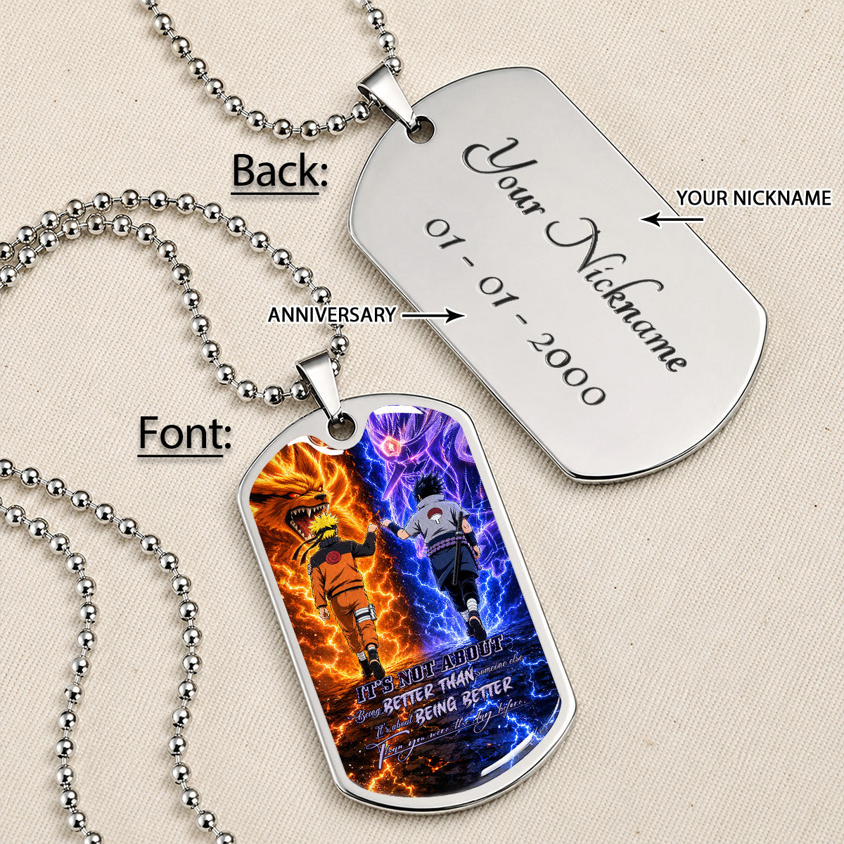 Naruto Dog Tag Necklace - NADL009 - Naruto Uzumaki - Sasuke Uchiha - Better Than You Were The Day Before