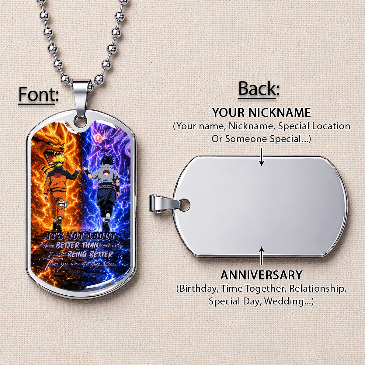 Naruto Dog Tag Necklace - NADL009 - Naruto Uzumaki - Sasuke Uchiha - Better Than You Were The Day Before